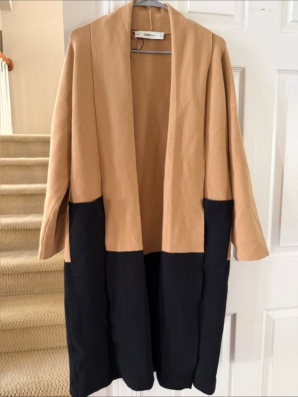 Zara Two-Tone Open-Front Cardigan - Camel and Black